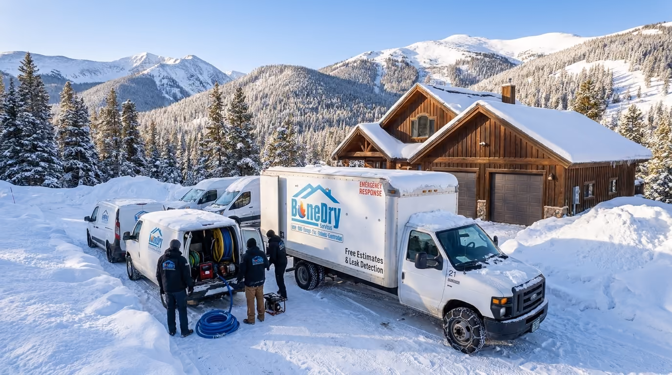 Technicians with white utility vans working with equipment outside a snowy mountain cabin in winter.