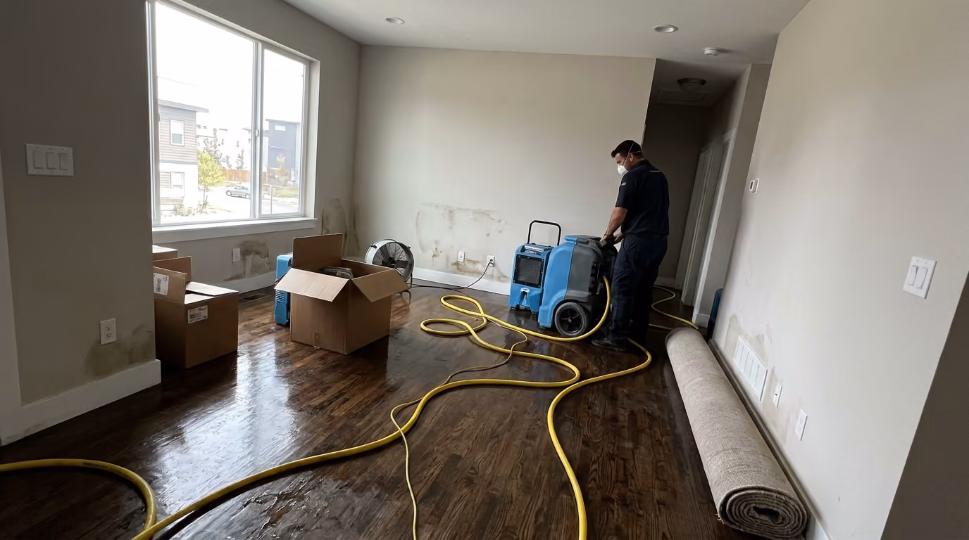 Worker using drying equipment with yellow hoses in a water-damaged room with stained walls and wet floor.