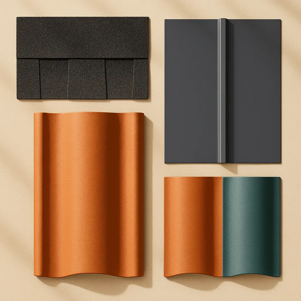 Flat lay of four different roofing material samples: black textured shingles, dark gray flat tiles, large orange curved tiles, and smaller curved tiles in orange and green.