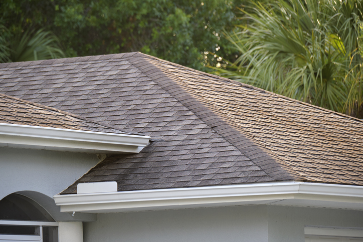 Brown architectural shingle roof on a light gray house with green trees in the background.
