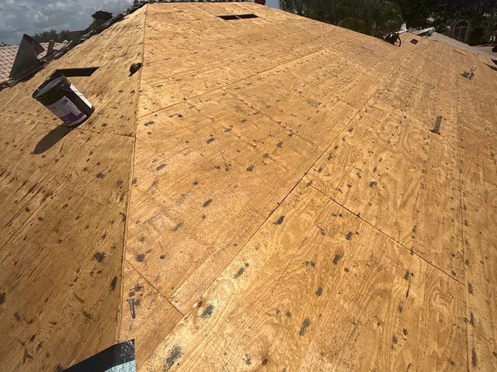 Bare roof decking before new underlayment