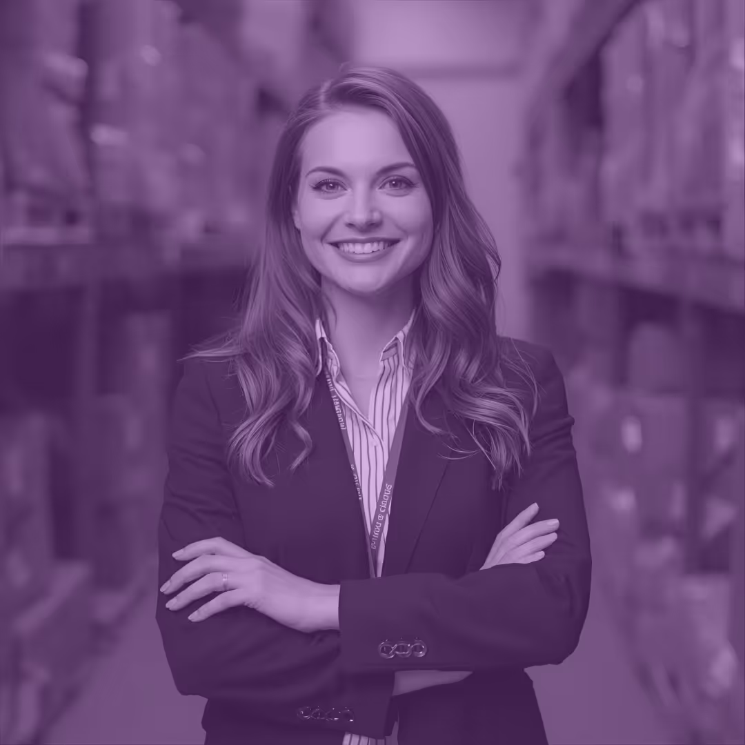 A female Supply Chain Professional portrait stood in a warehouse.