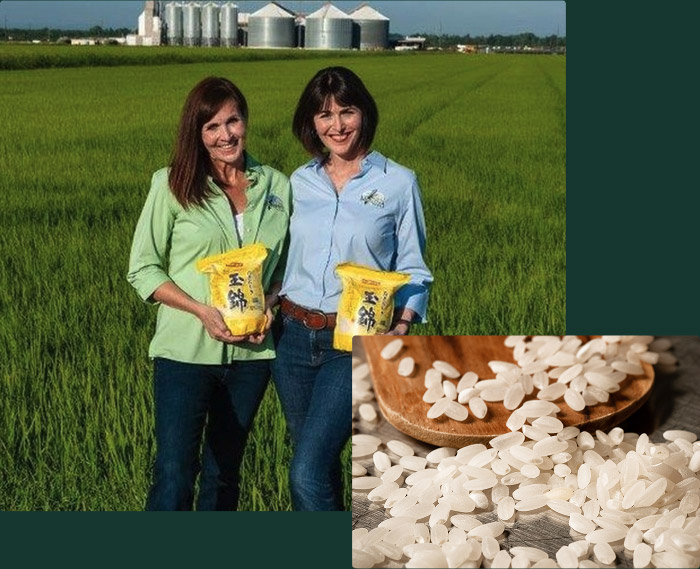 Two women standing in a green field holding yellow bags of rice, with a close-up inset of white rice grains on a wooden spoon and surface.