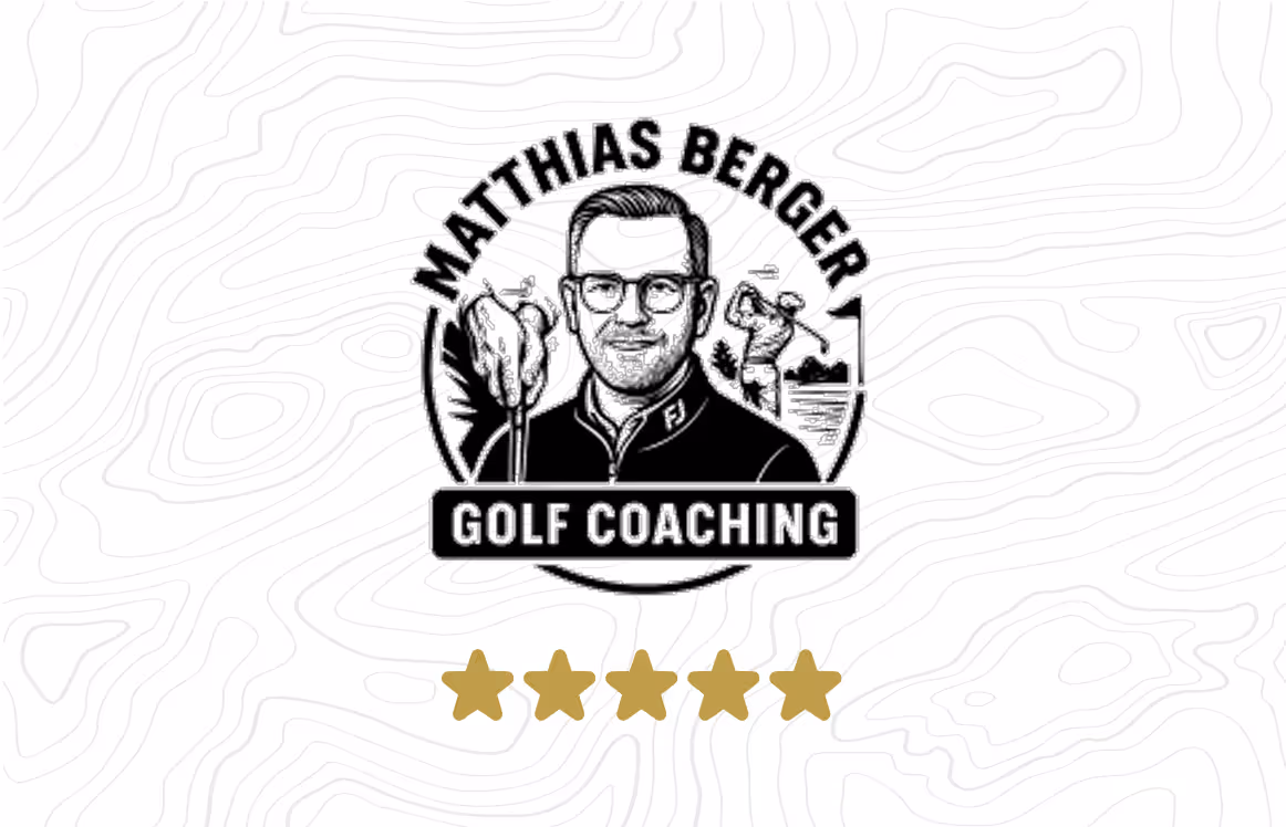 Logo von Matthias Berger Golf Coaching mit einer Illustration eines Mannes, der eine Golfballhaltung zeigt, sowie einem Golfer beim Schwung, darunter fünf goldene Sterne.