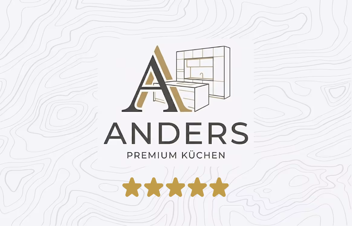 Logo von ANDERS Premium Küchen mit stilisiertem Buchstaben A, Kücheninsel und Einbauküche sowie fünf goldene Sterne darunter.