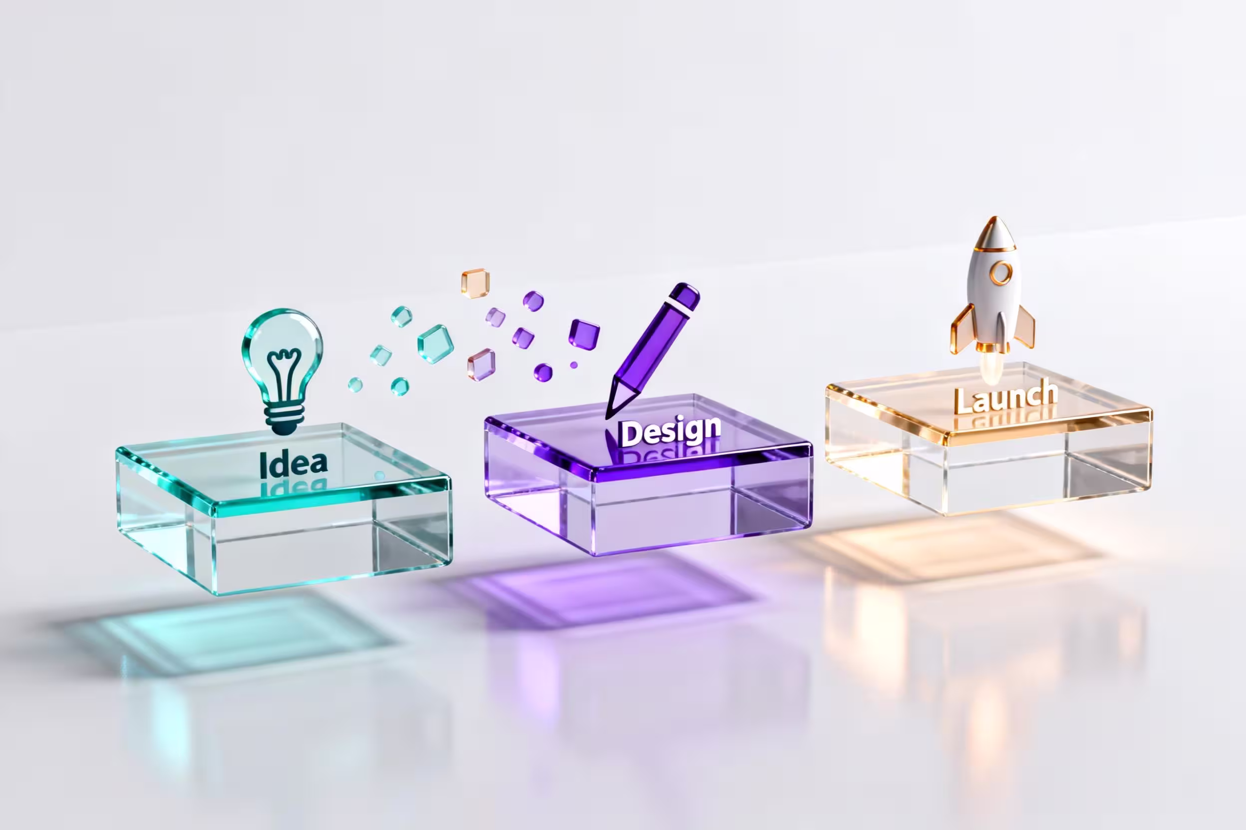 Drei Glasblöcke welche als Überschrift Idee, Design & Launch tragen