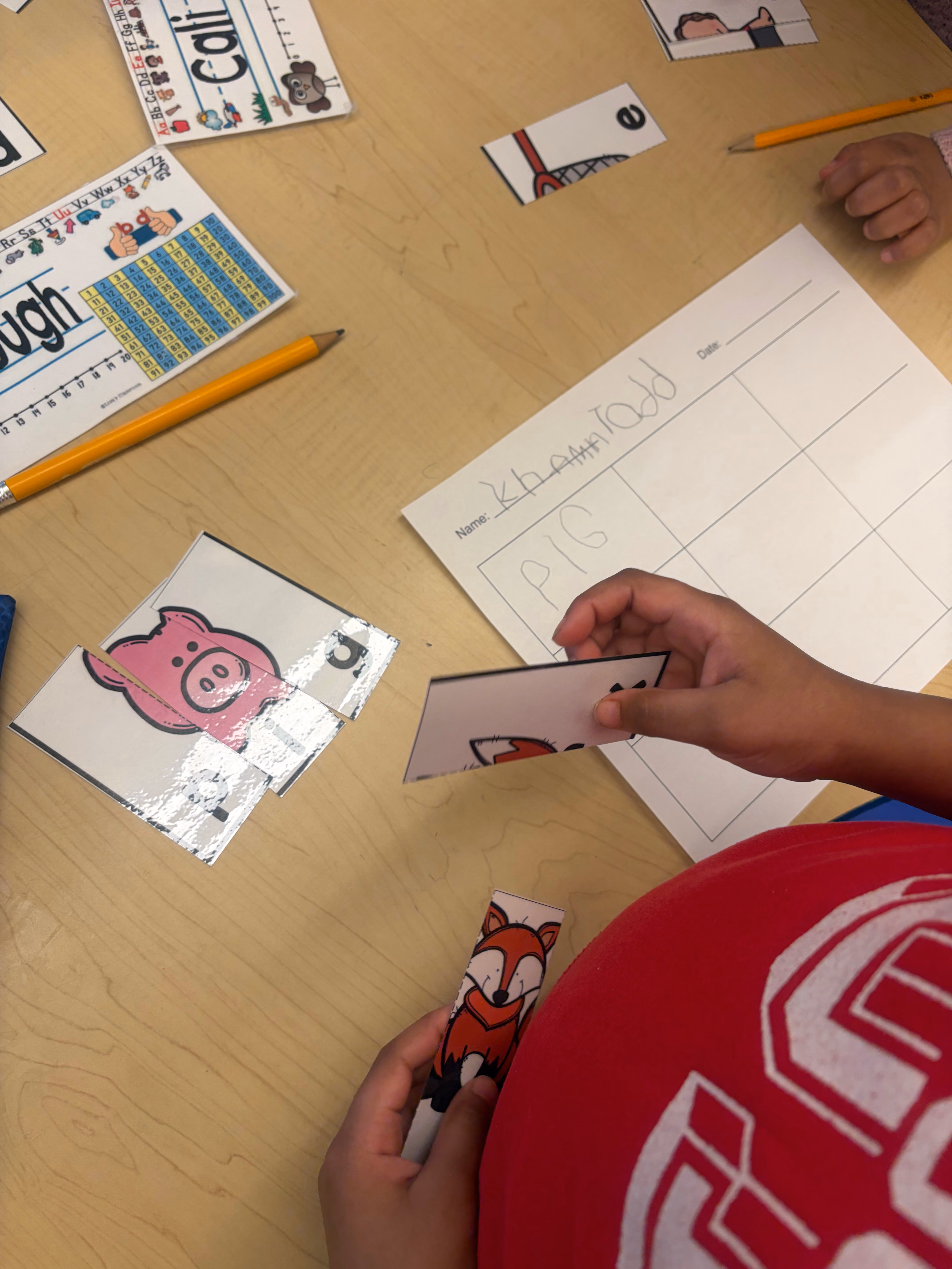 Student practicing letter writing with animal flashcards