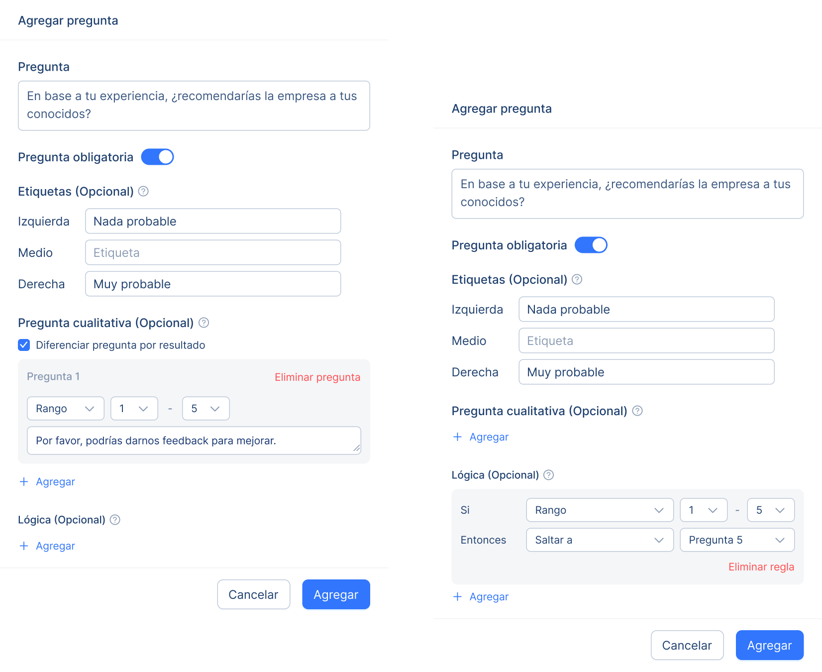 Mockup de Helios CX mostrando la configuración de preguntas condicionales en un cuestionario de feedback.