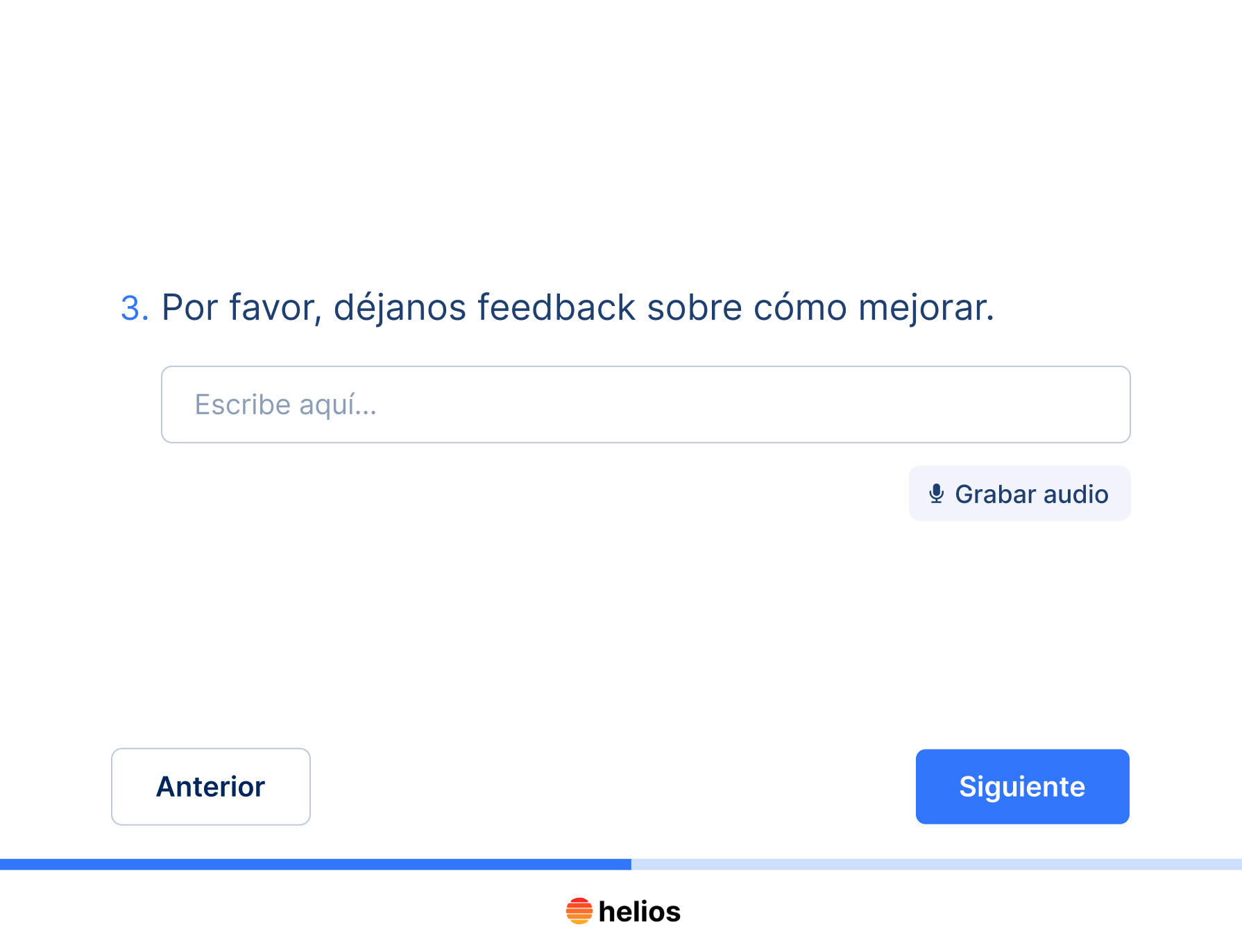 Vista de encuesta de satisfacción del cliente en Helios para recopilar feedback continuo y medir la experiencia del cliente.