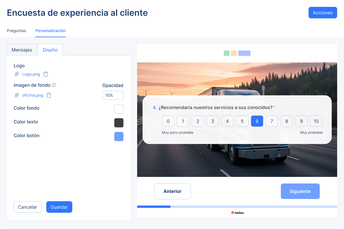 Mockup de la vista que recibe el cliente para responder una encuesta de satisfacción creada en Helios CX.