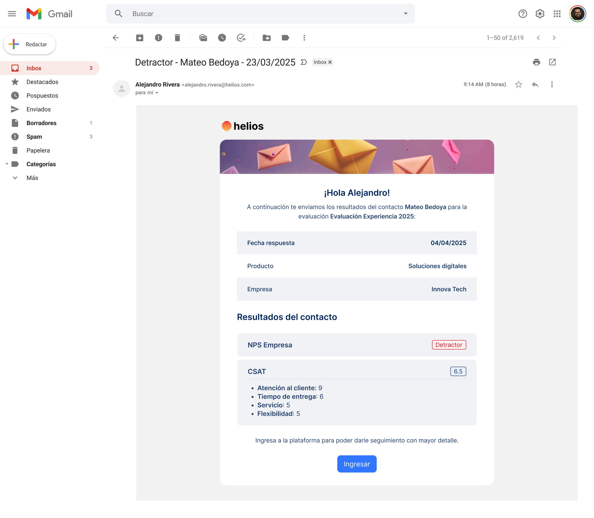 Mockup de una alerta automatizada de insatisfacción de cliente generada por Helios CX.