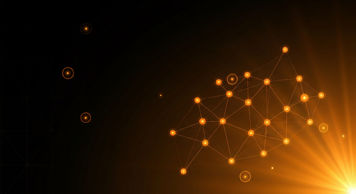 Abstract orange network nodes on dark background — AI search optimization