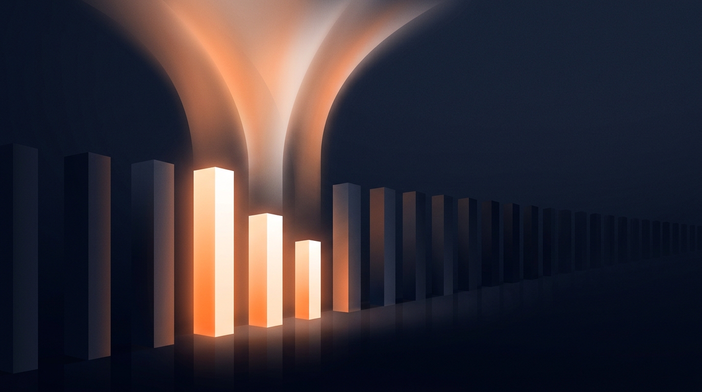 Abstract row of lit and unlit pillars representing a shrinking AI brand shortlist