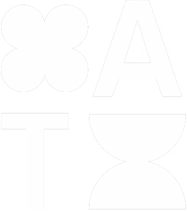 Four abstract white shapes on a transparent background resembling a flower, capital letter A, letter T, and an hourglass.