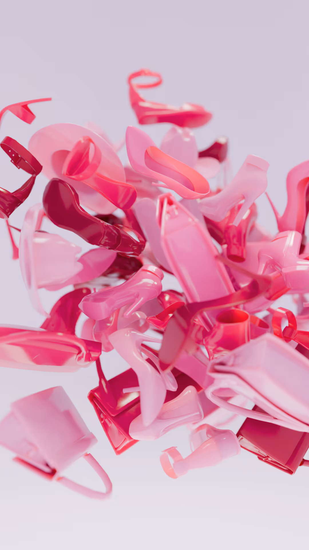 Cluster of floating translucent pink and red high-heeled shoes and handbags against a light purple background.