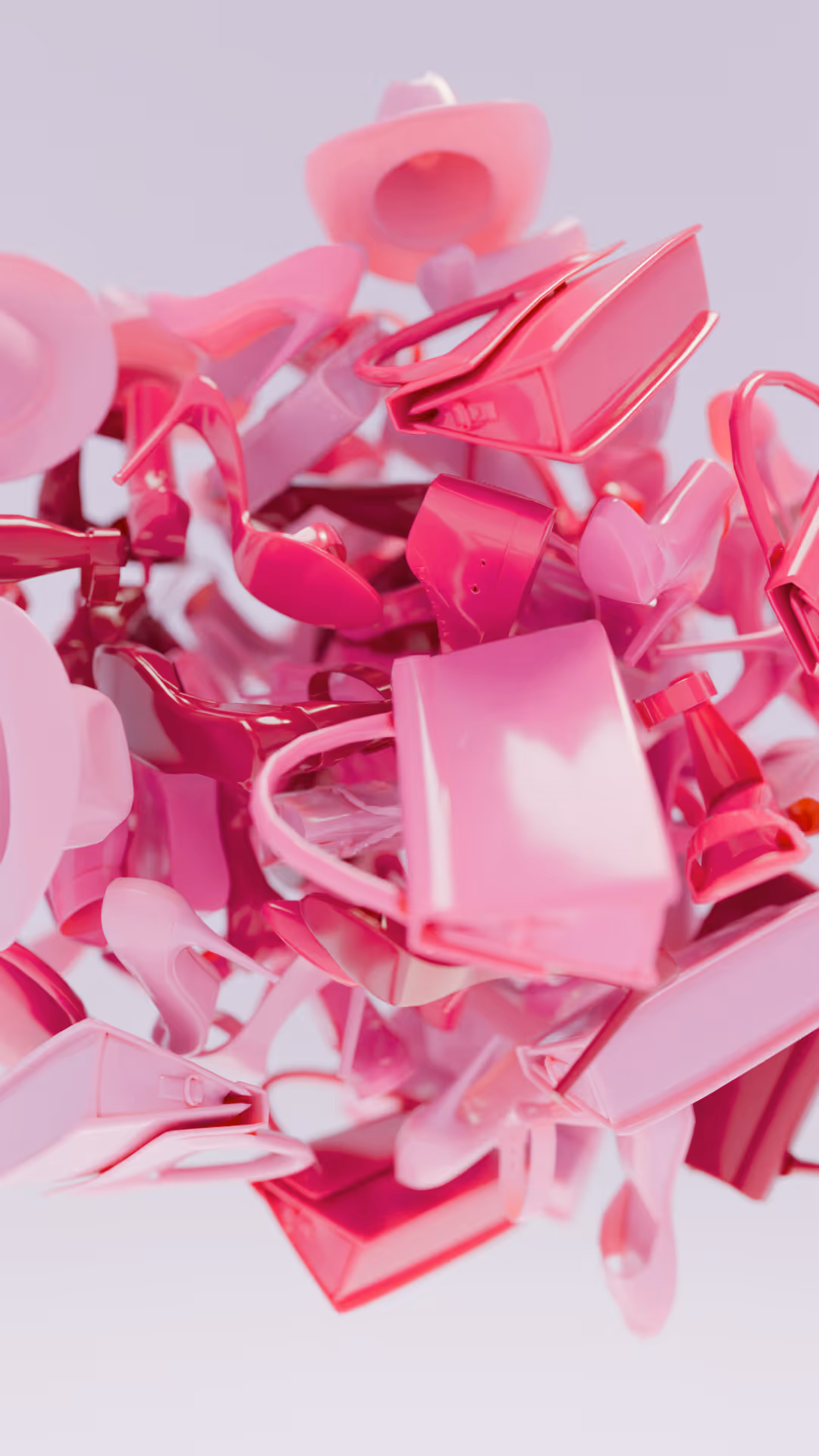 Cluster of glossy pink high-heeled shoes, handbags, and cowboy hats floating against a light background.