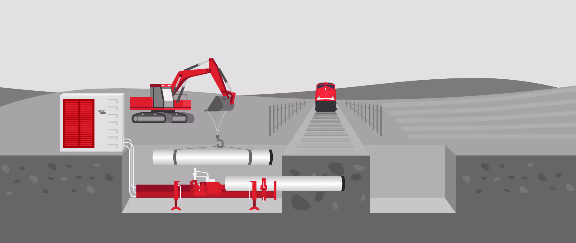 Illustration of an underground pipeline installation process near a railway, featuring a red excavator lifting a pipe section, a red pipeline inside a trench, and a red train approaching on tracks.