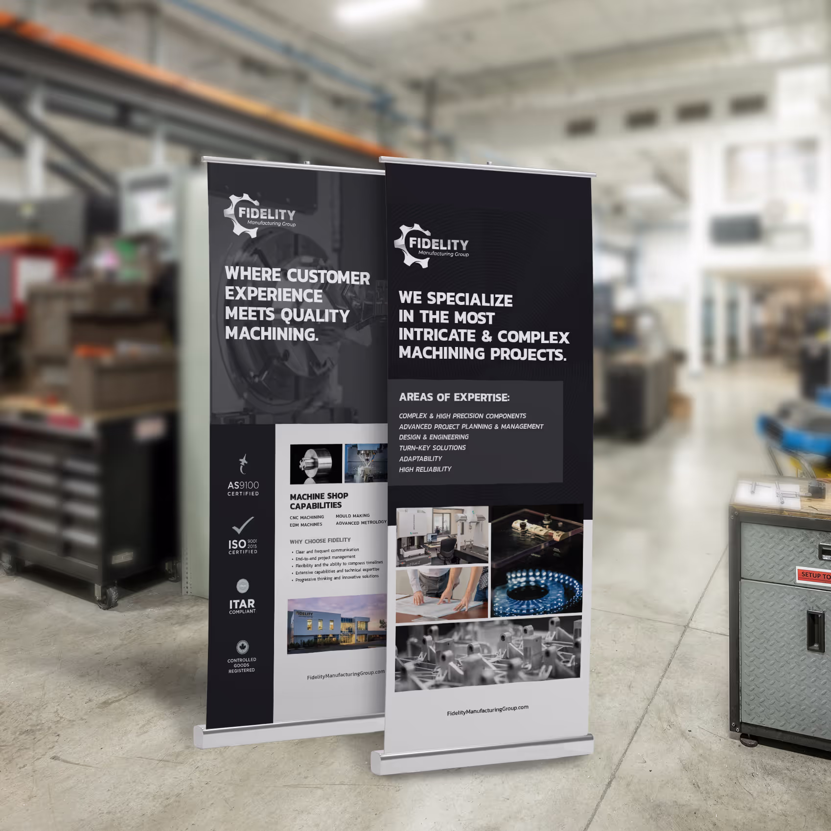 Two vertical banners in a workshop displaying Fidelity Manufacturing Group's machining services, certifications, and areas of expertise.