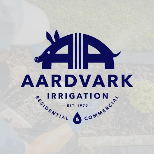 Aardvark Irrigation logo featuring stylized aardvark shape with text reading 'Aardvark Irrigation, Est 1979, Residential & Commercial.'