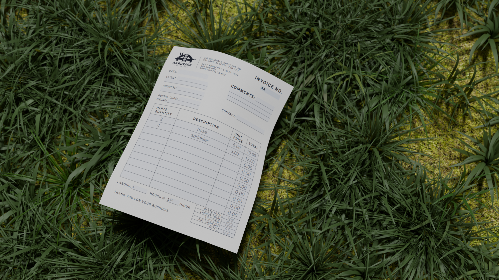 Invoice document placed on green grass with itemized parts including hose and sprinkler.