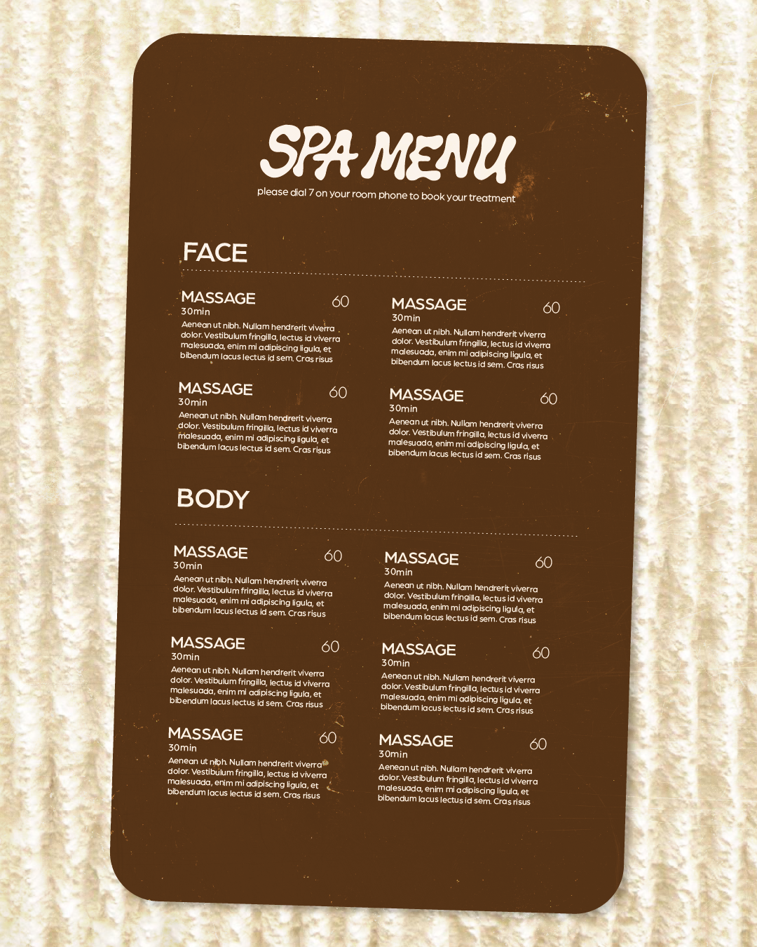 Spa menu listing face and body massages, each 30 minutes for $60, with descriptions on a dark brown background.
