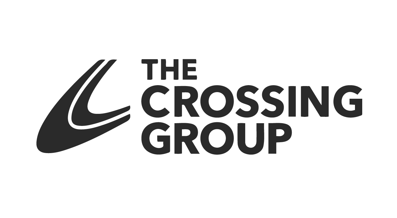 The Crossing Group black logo with stylized abstract symbol to the left of the text.