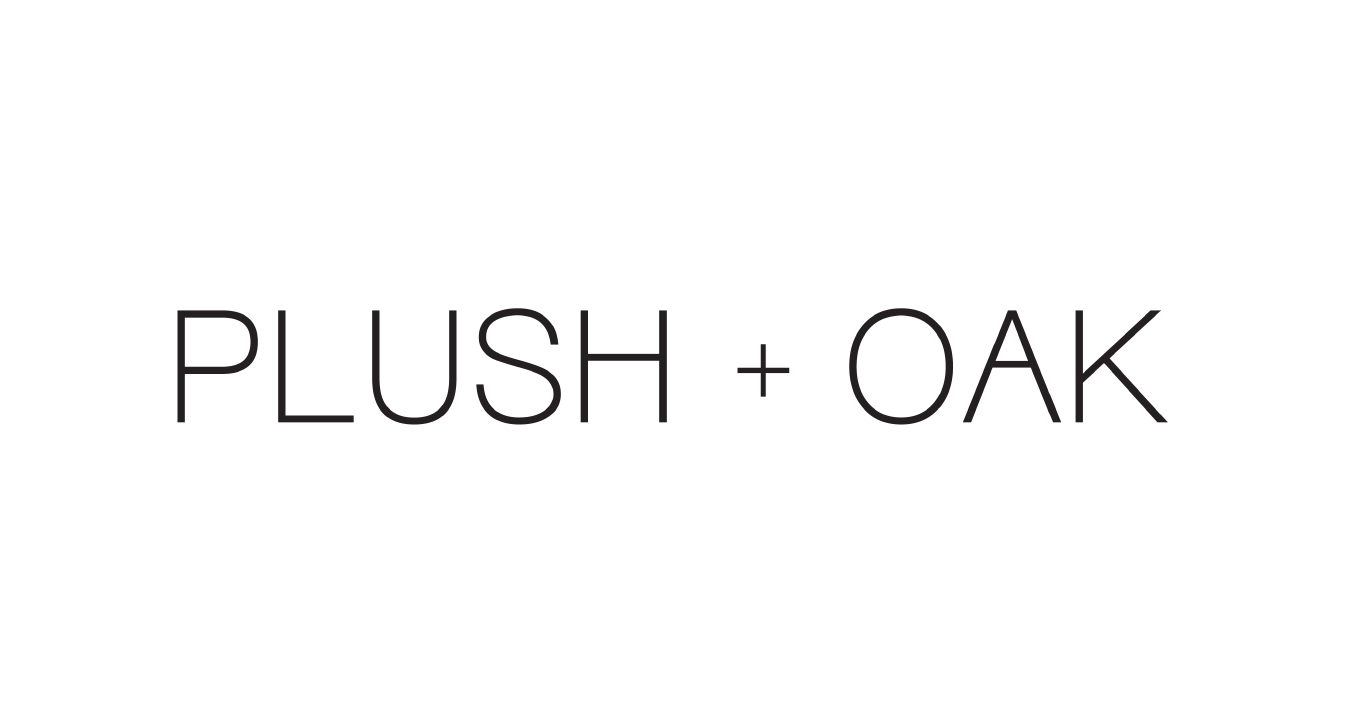 Text reading Plush + Oak in black capital letters on a white background.