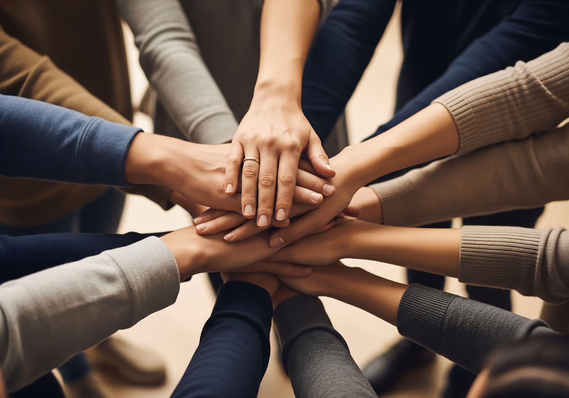 Group of people placing their hands stacked together in a gesture of teamwork and unity.