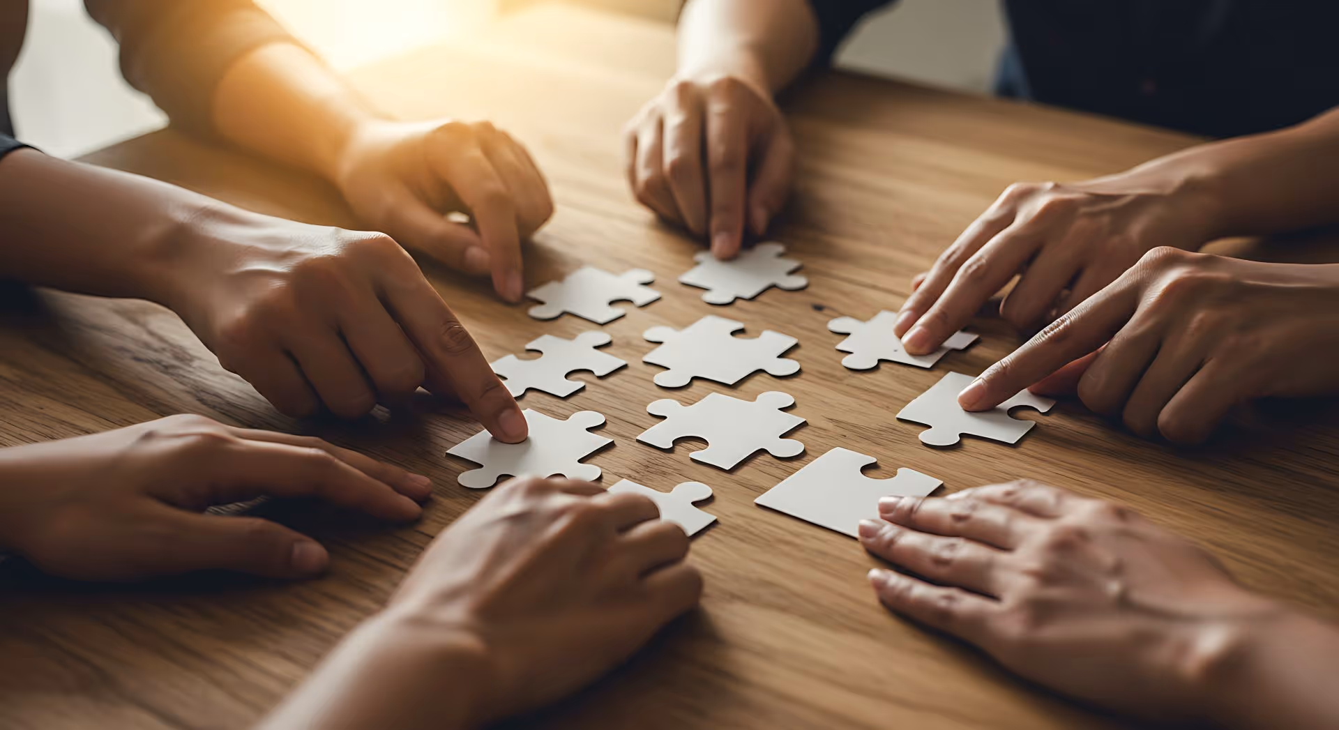 Several hands collaborating to arrange white puzzle pieces on a wooden table.