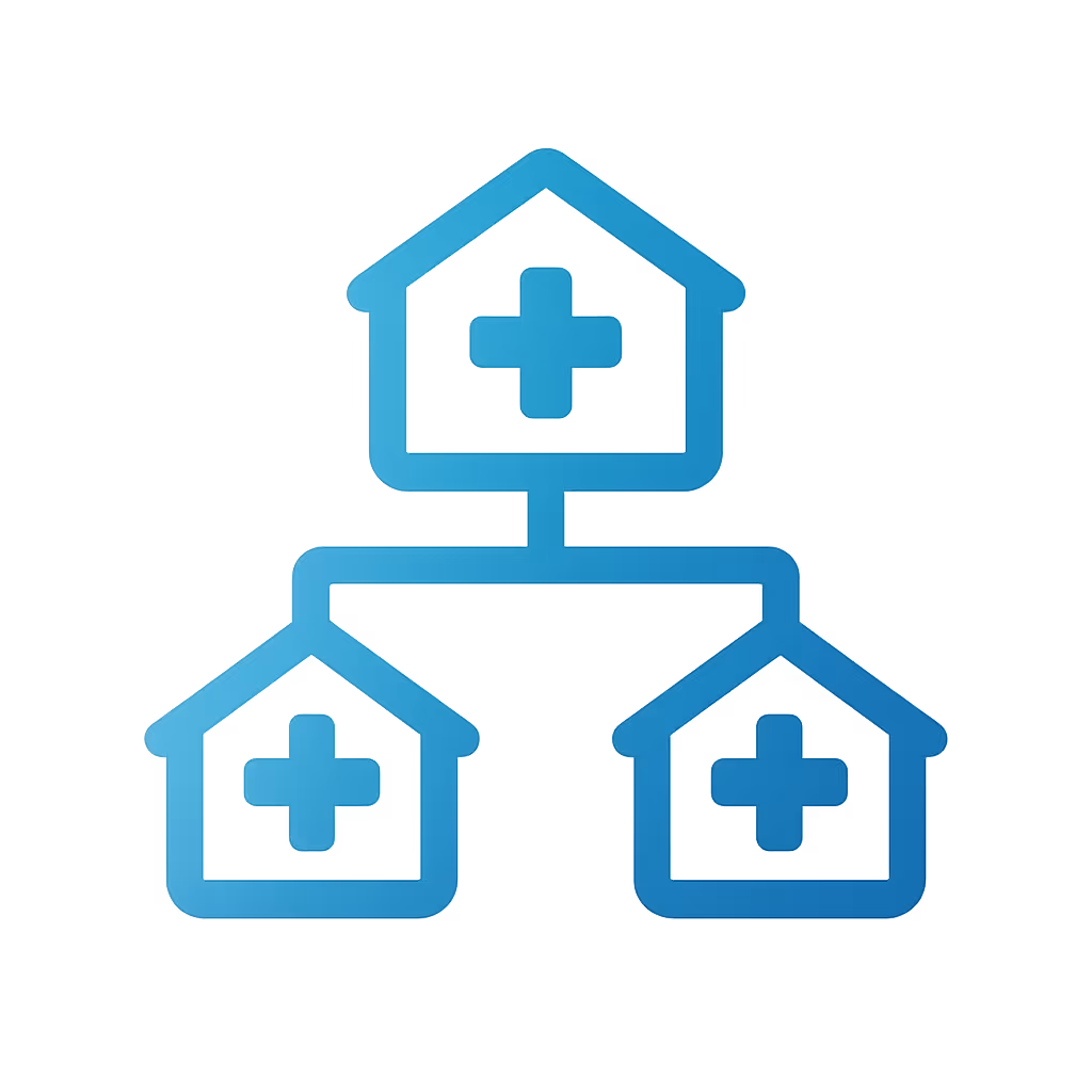 Icon of three interconnected blue houses each with a medical cross, representing a clinic network.
