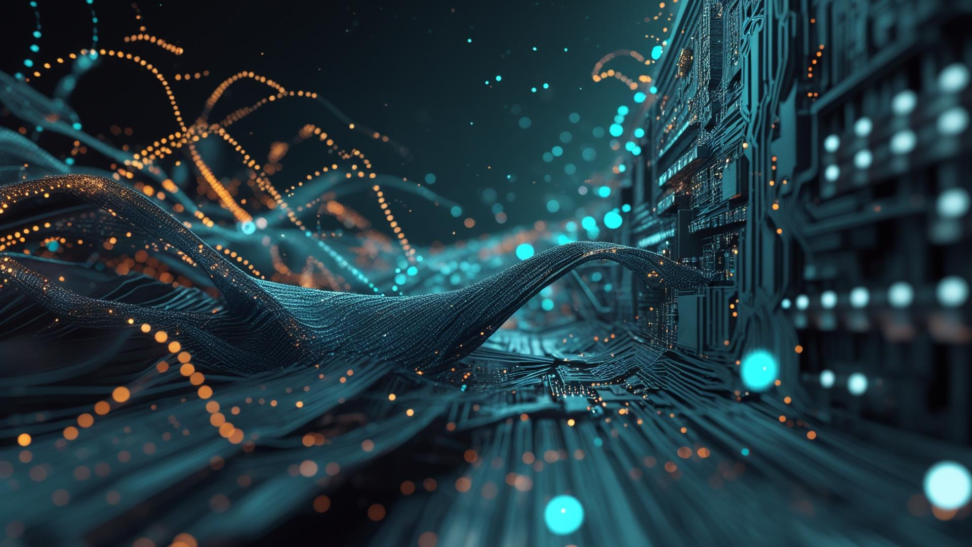 Abstract AI-inspired header image showing data flow and network patterns