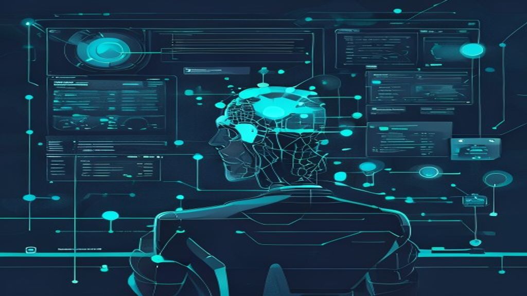 Abstract editorial illustration of an AI agent monitoring dashboard with connected nodes, guardrails and observability traces in deep blue and teal