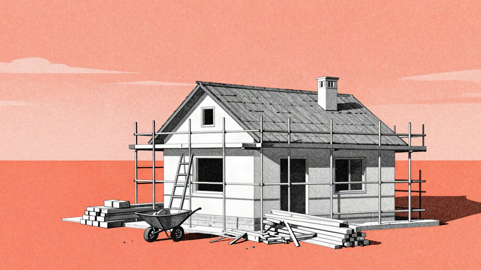 Duotone illustration of a small house under construction wrapped in scaffolding with bricks and timber, on an orange-red ground