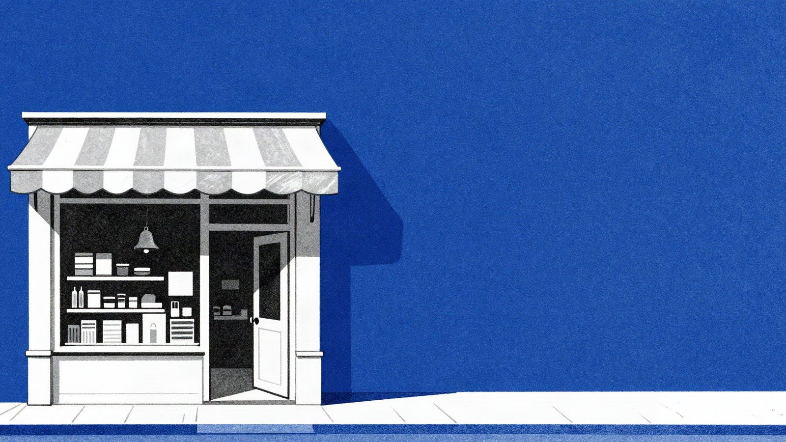 Duotone illustration of a small shopfront with a striped awning and an open door against a cobalt blue wall