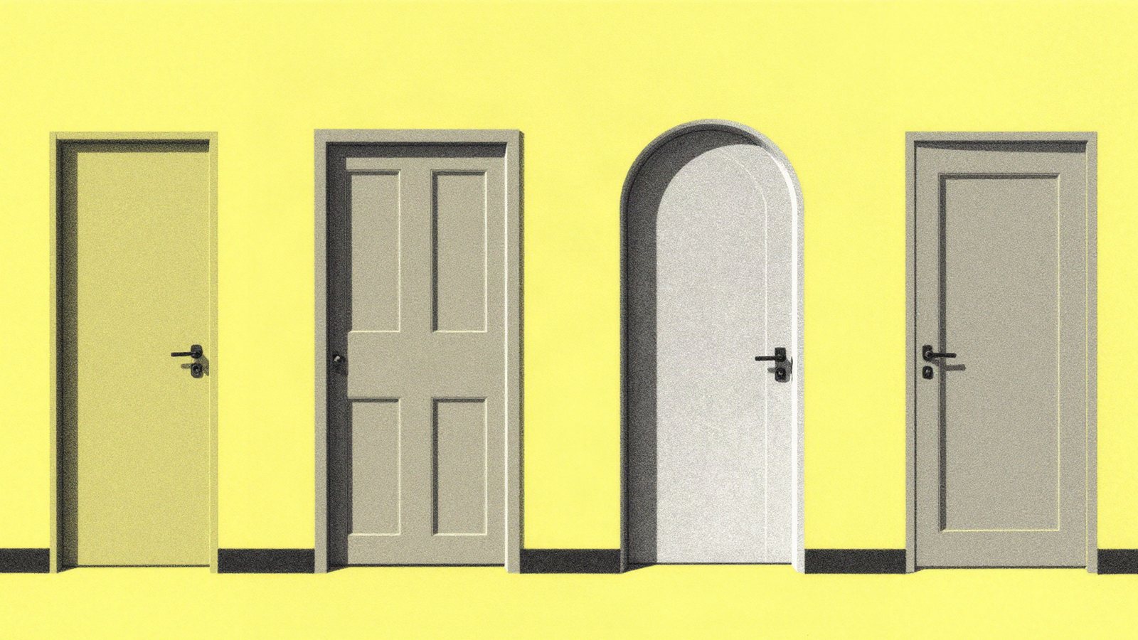 Duotone illustration of plain doors of different shapes side by side in a lime yellow wall
