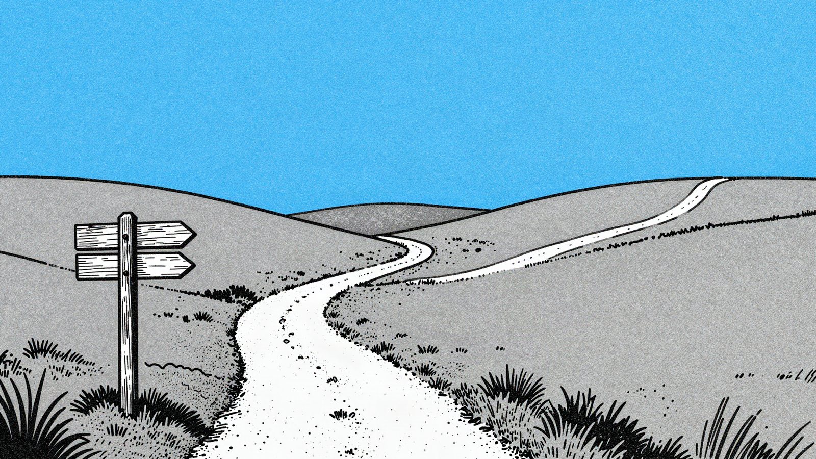 Duotone illustration of a footpath splitting into separate trails over rolling hills beside a blank signpost under a cyan blue sky