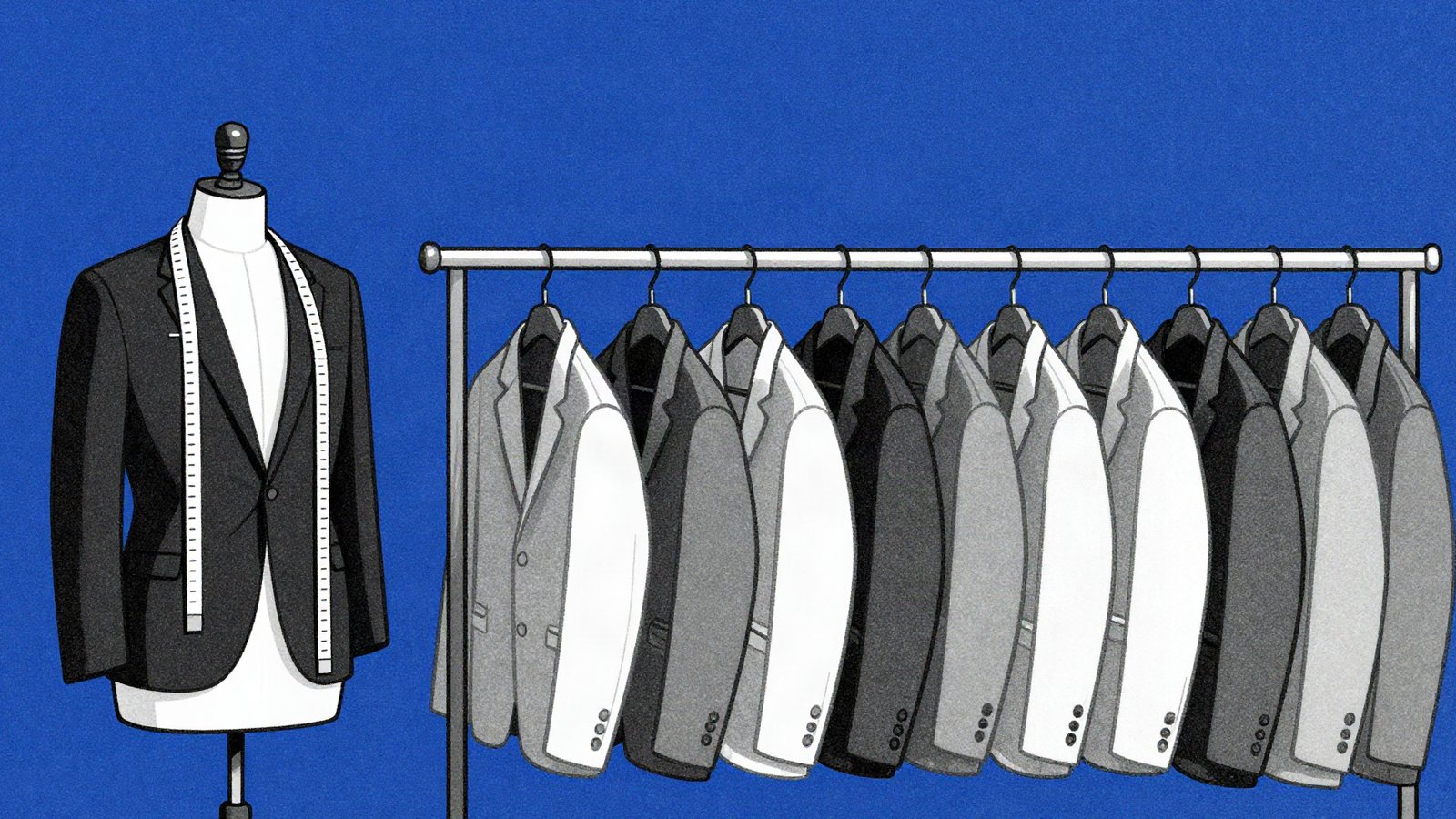 Duotone illustration of a tailor's mannequin in a bespoke jacket beside a rail of identical ready-made jackets on cobalt blue