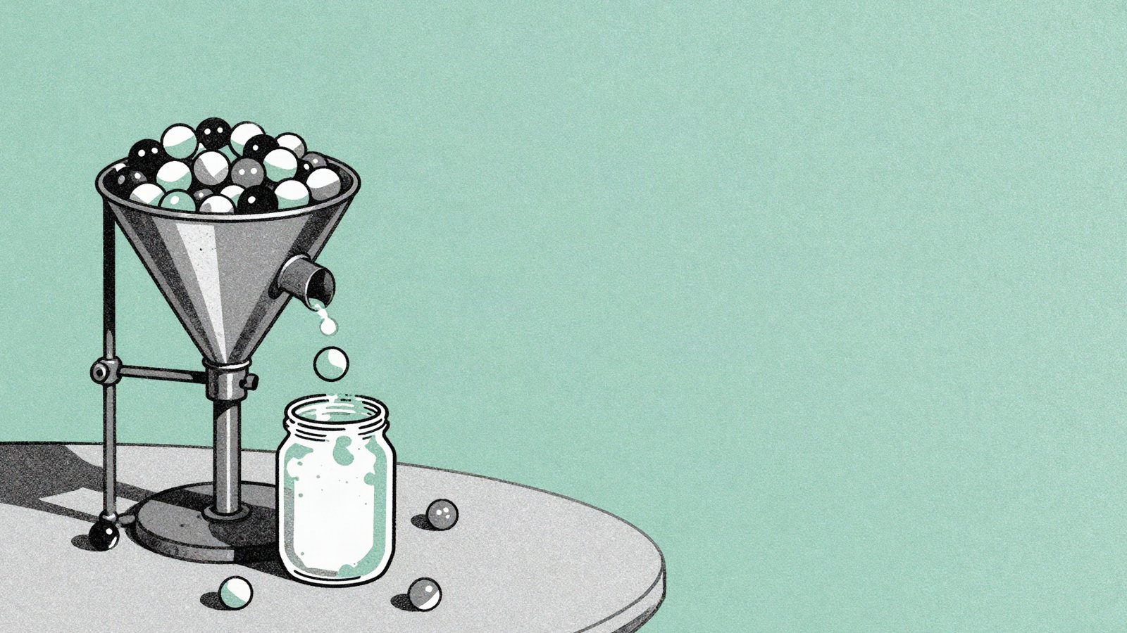 Duotone illustration of a funnel full of marbles with only a few dropping into a jar below, on a sea green ground
