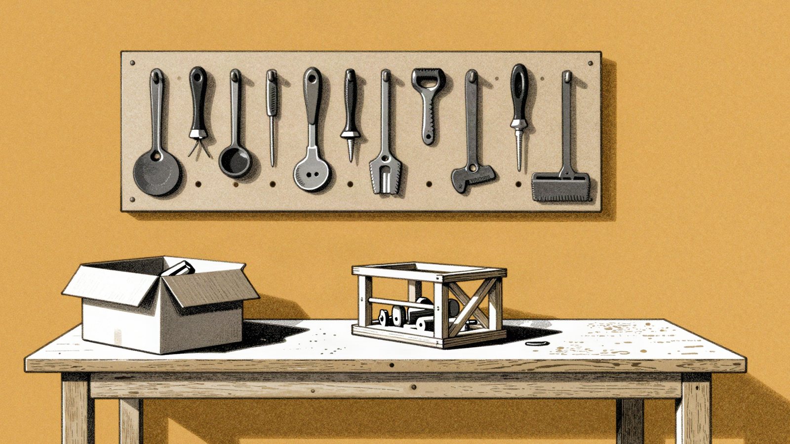 Duotone illustration of a pegboard of hand tools above a workbench with a box of parts and a half-built frame, on an amber wall