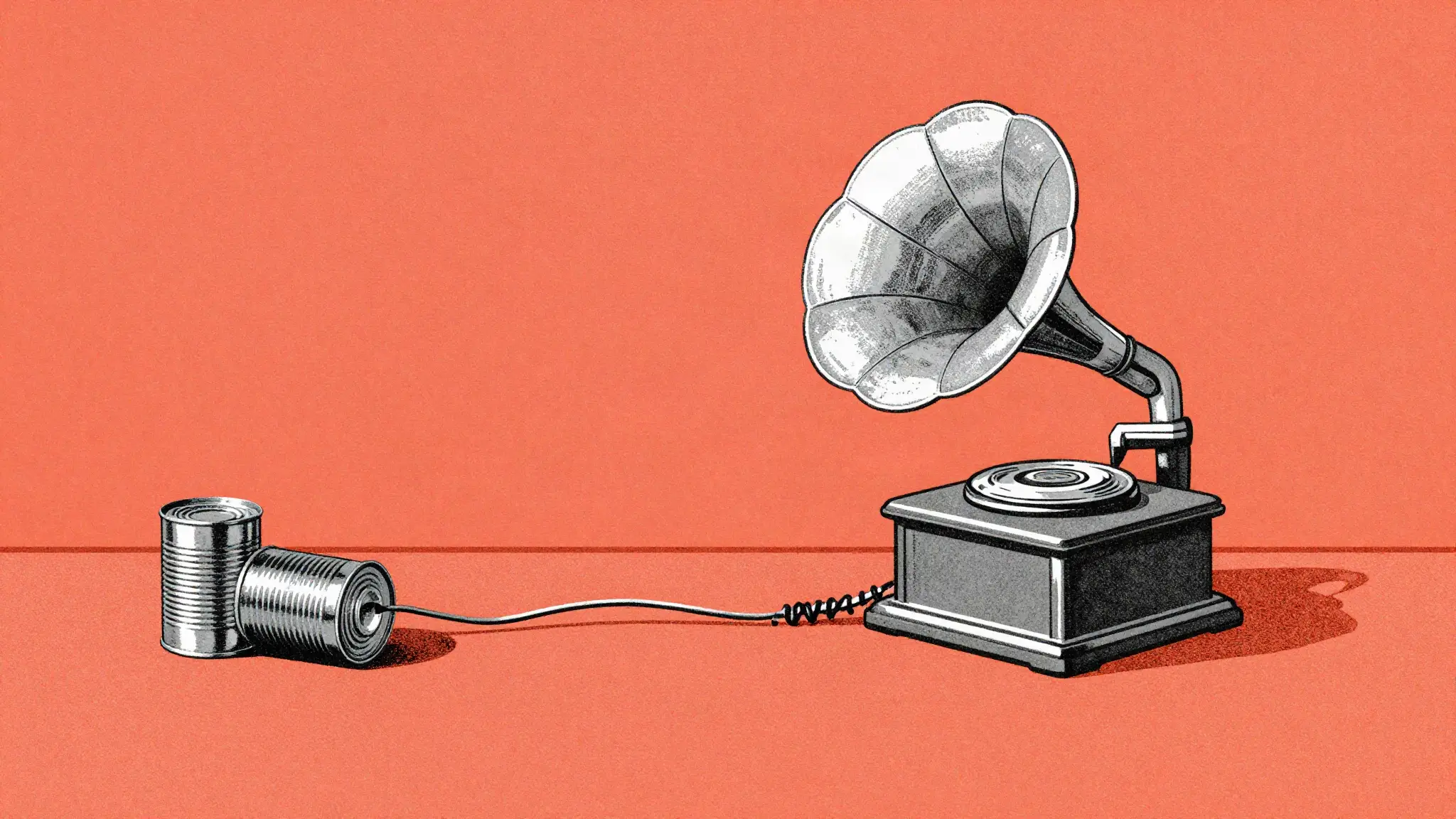 Duotone illustration of a gramophone with a large horn joined by a string to two tin cans on an orange-red ground