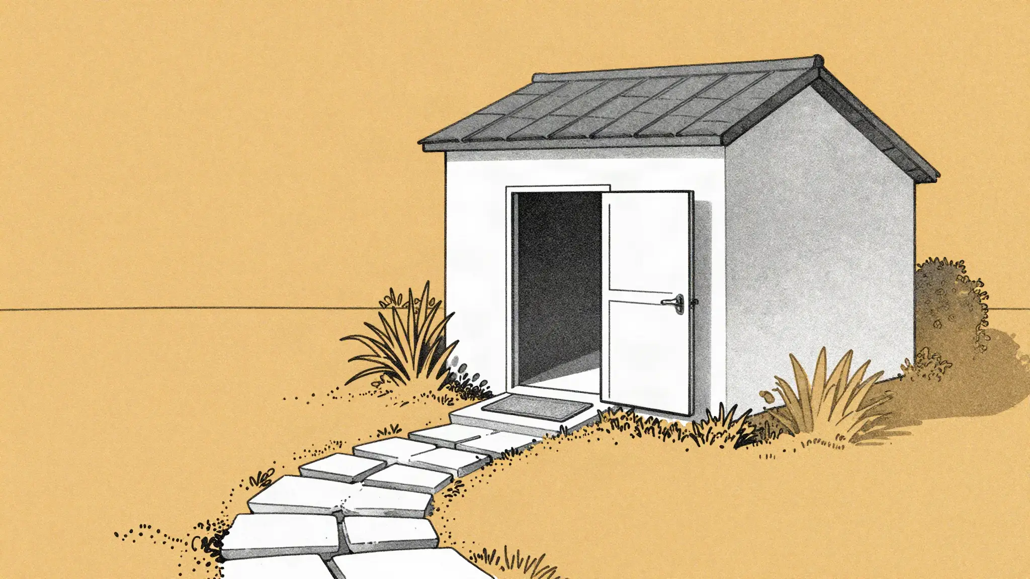 Duotone illustration of a small house with its door wide open and a stepping-stone path leading up to it, on an amber ground