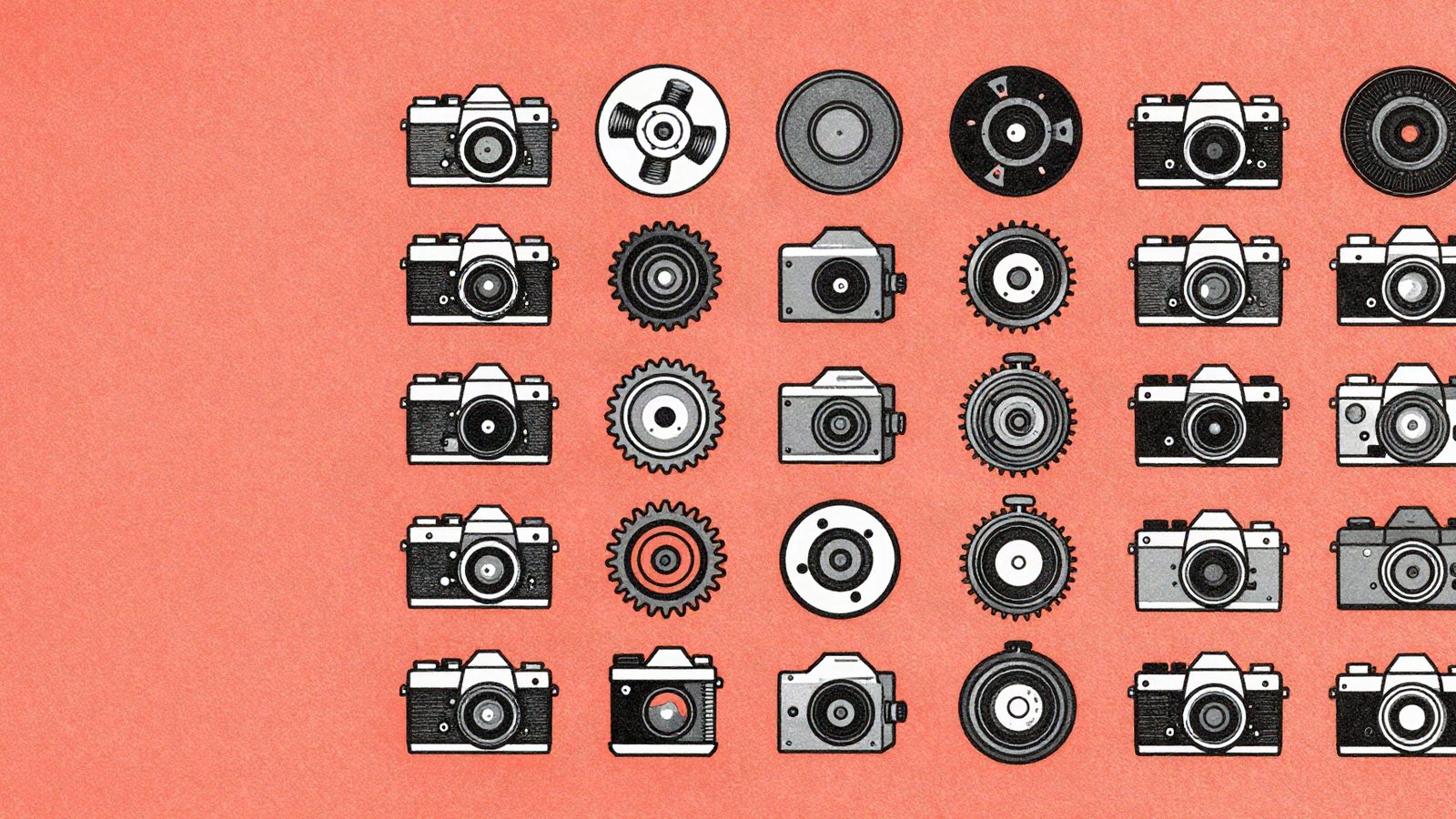 Duotone illustration of cameras, lenses and gears laid out in a neat grid on an orange-red ground