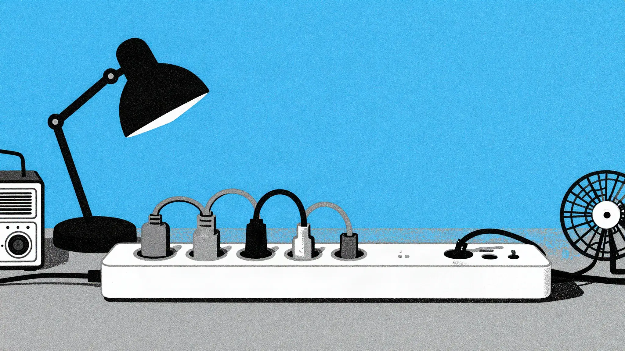 Duotone illustration of a power strip with many plugs connected to a lamp, a radio and a fan on a cyan blue ground