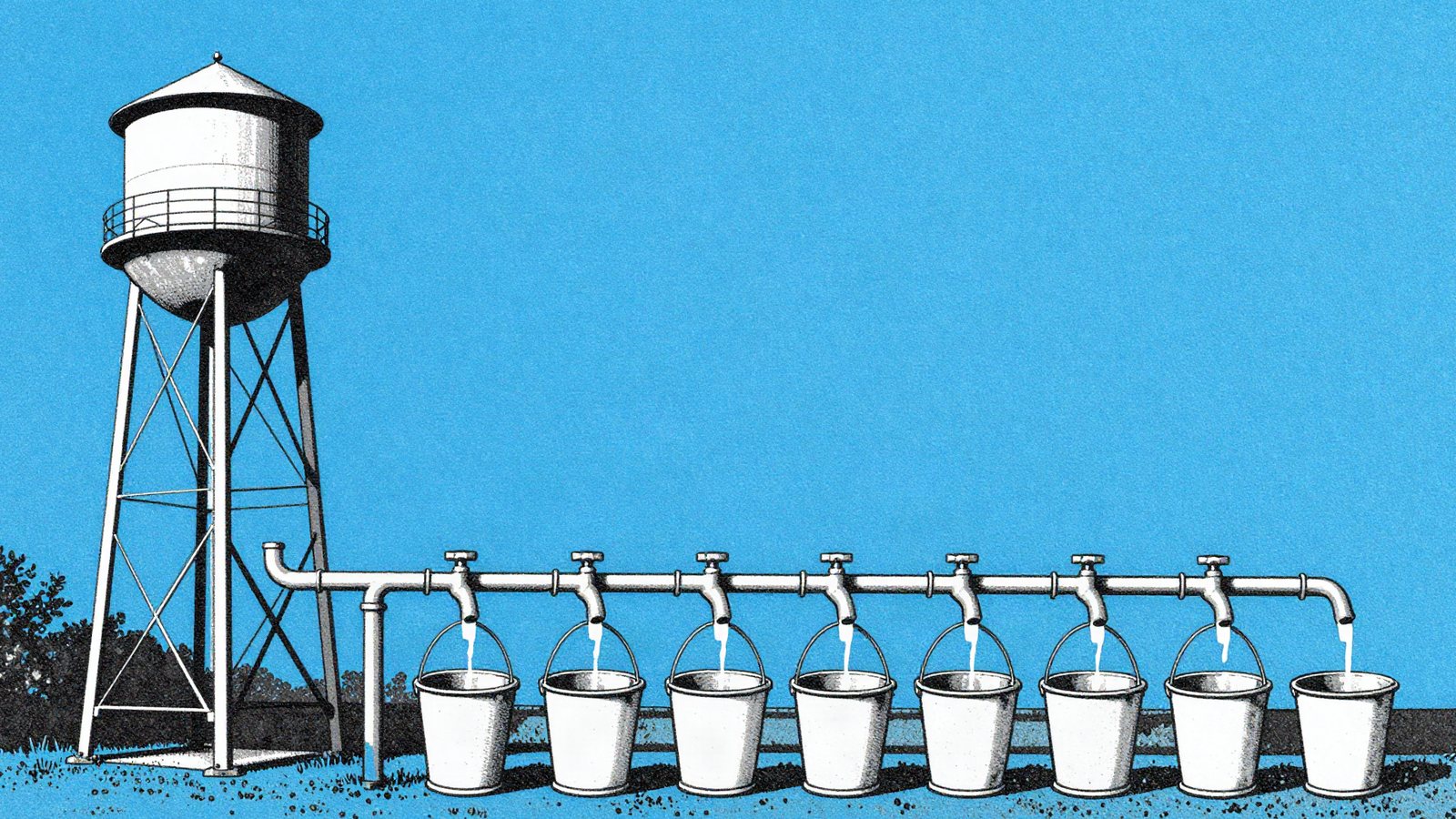 Duotone illustration of a water tower feeding a long row of taps dripping into buckets under a cyan blue sky