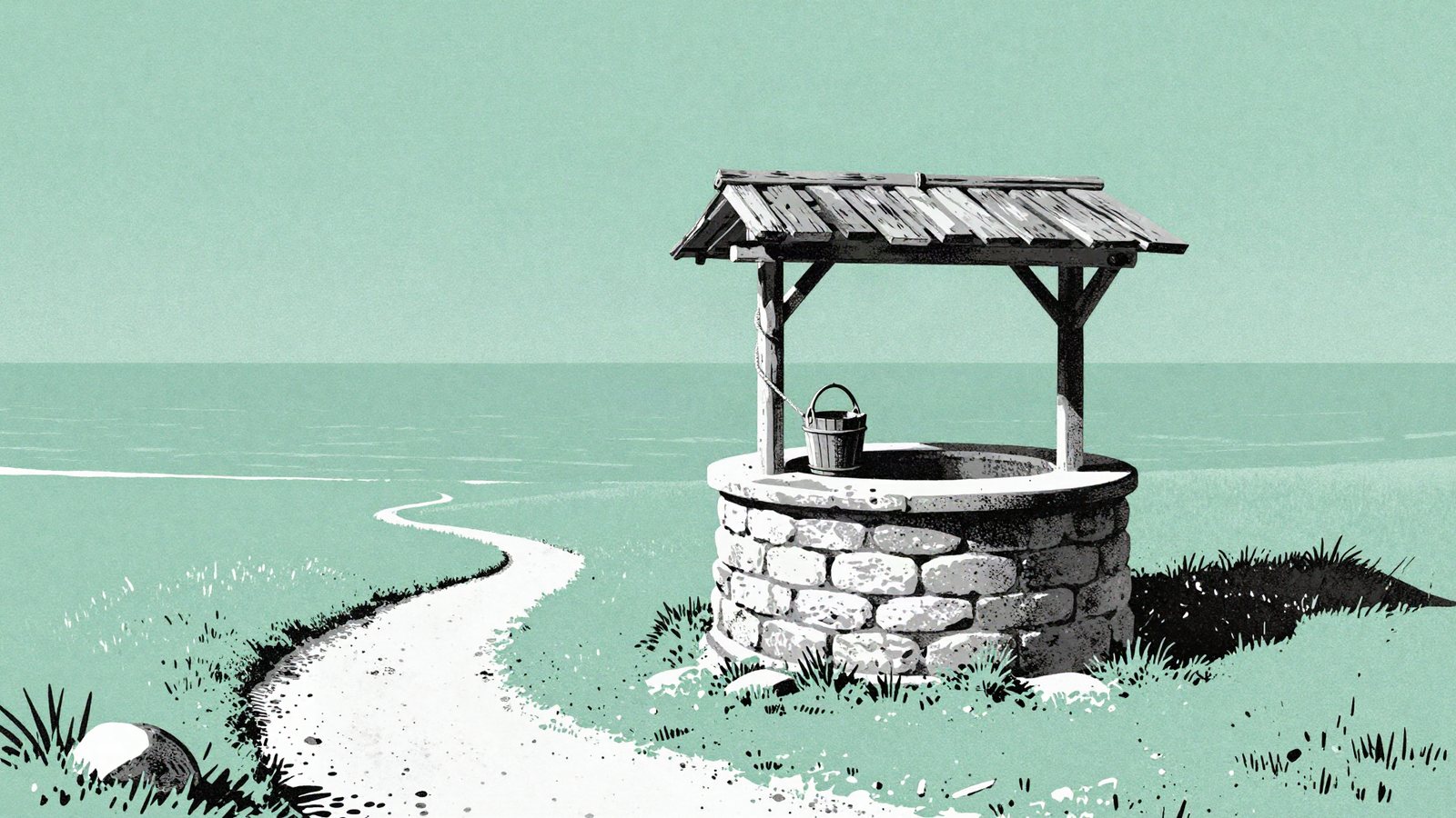 Duotone illustration of an old stone well with a wooden roof and bucket, a worn footpath winding up to it across a sea green field