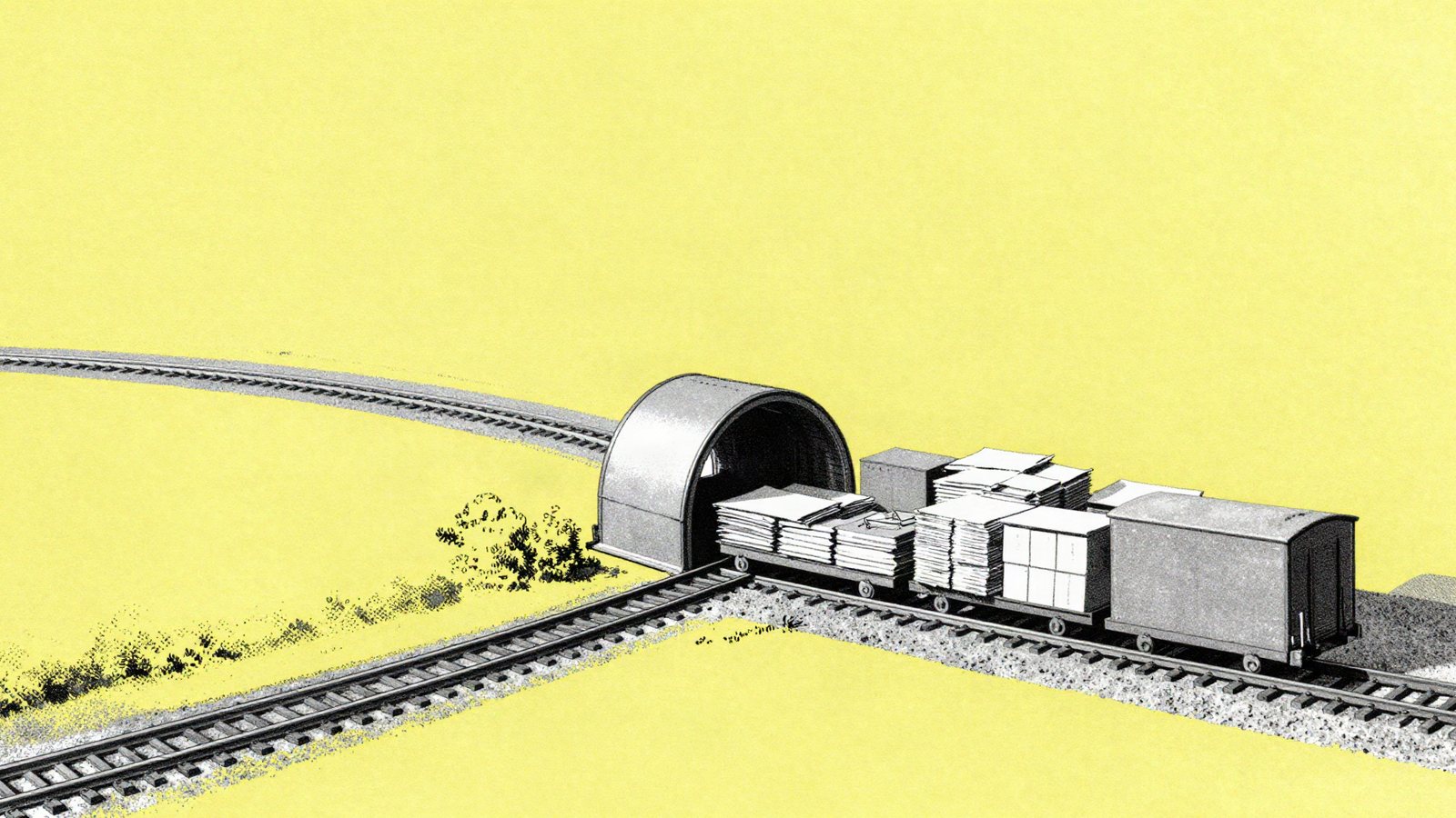 Illustration of a model railway carrying loose sheets of paper into a tunnel and out again as neatly sealed crates