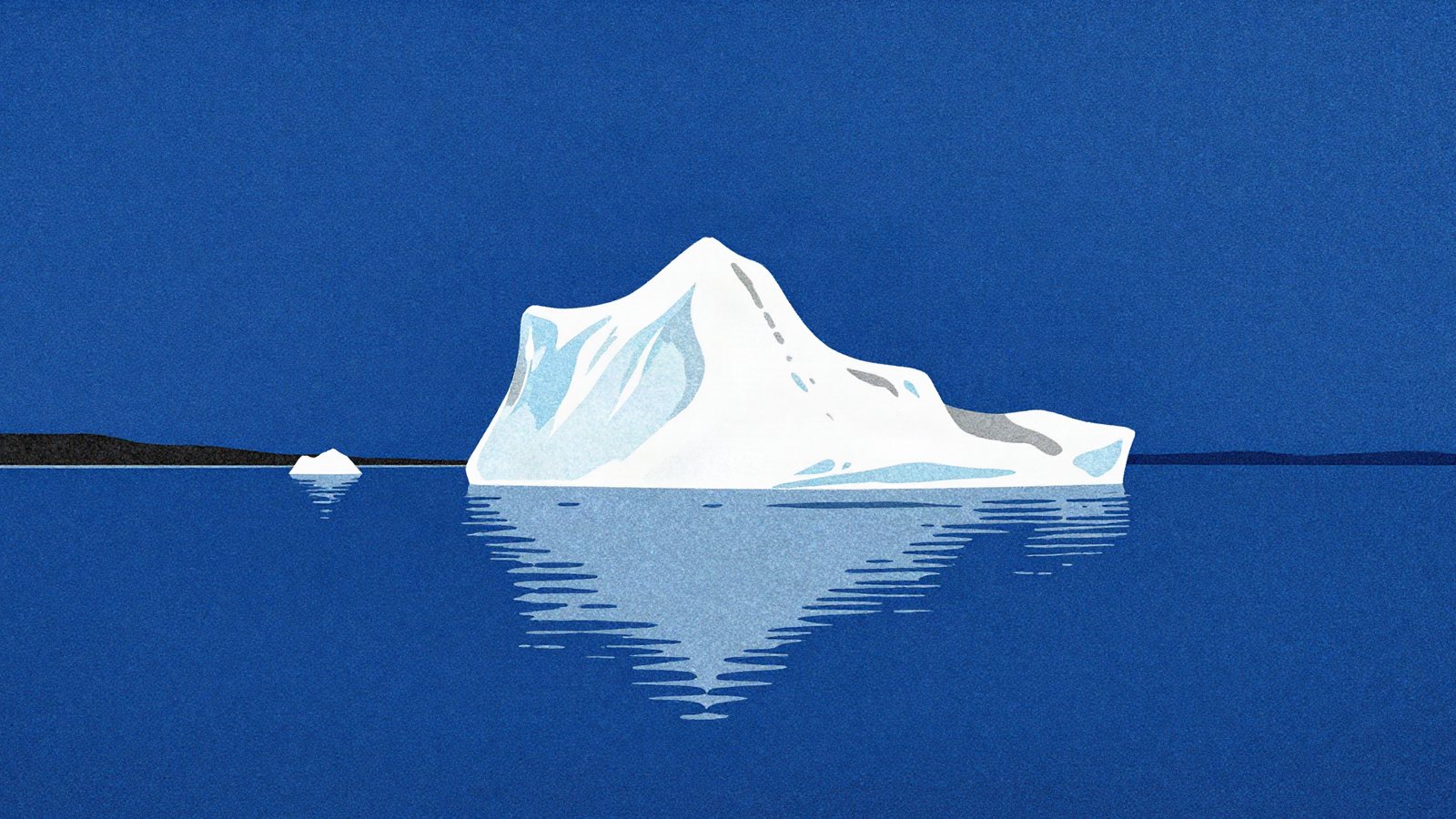 Illustration of an iceberg floating in still deep blue water, with its reflection hinting at the larger mass beneath the surface