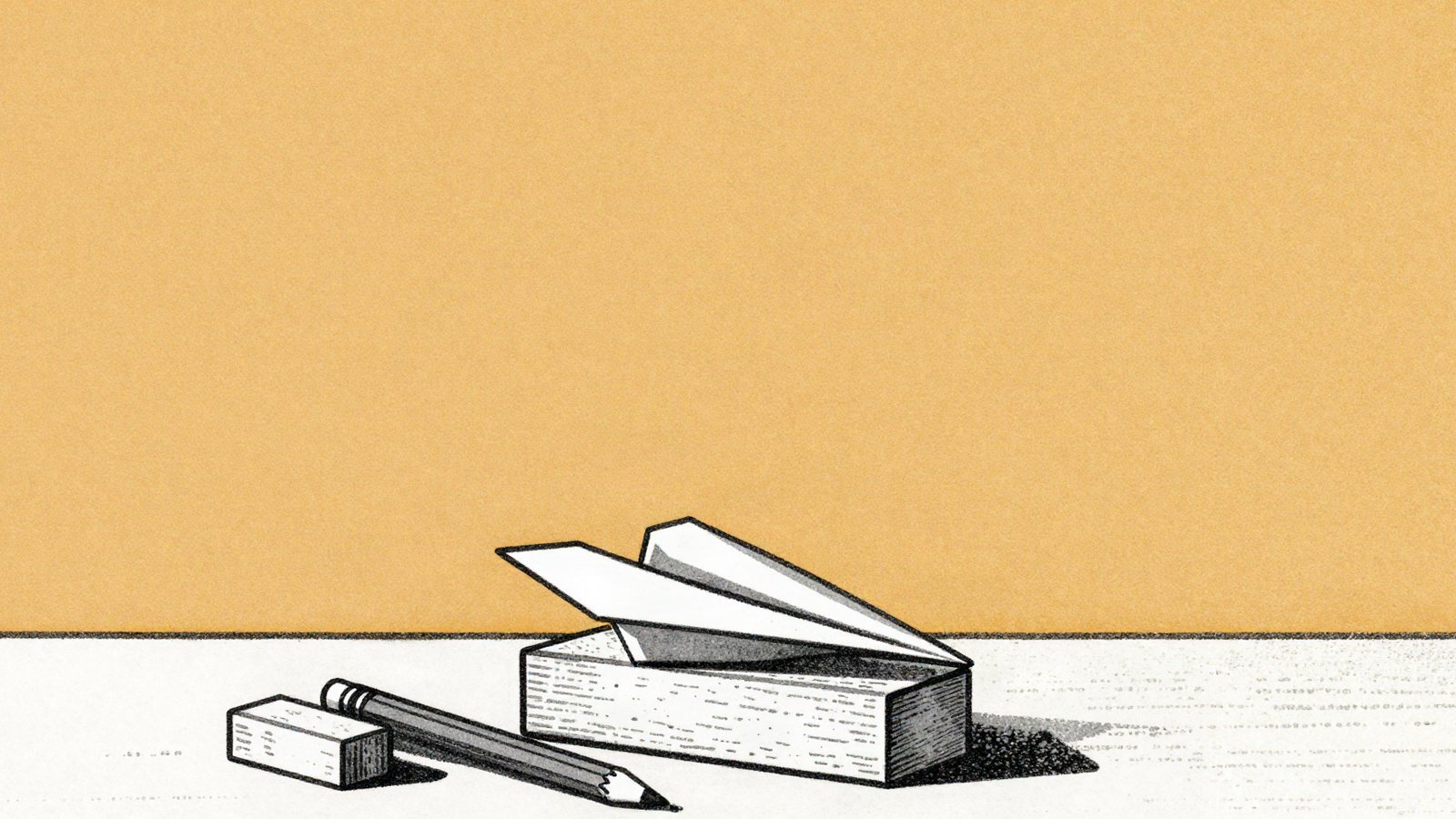 Illustration of a small folded paper aeroplane resting on a wooden block beside a pencil and an eraser, in grey ink on an amber background