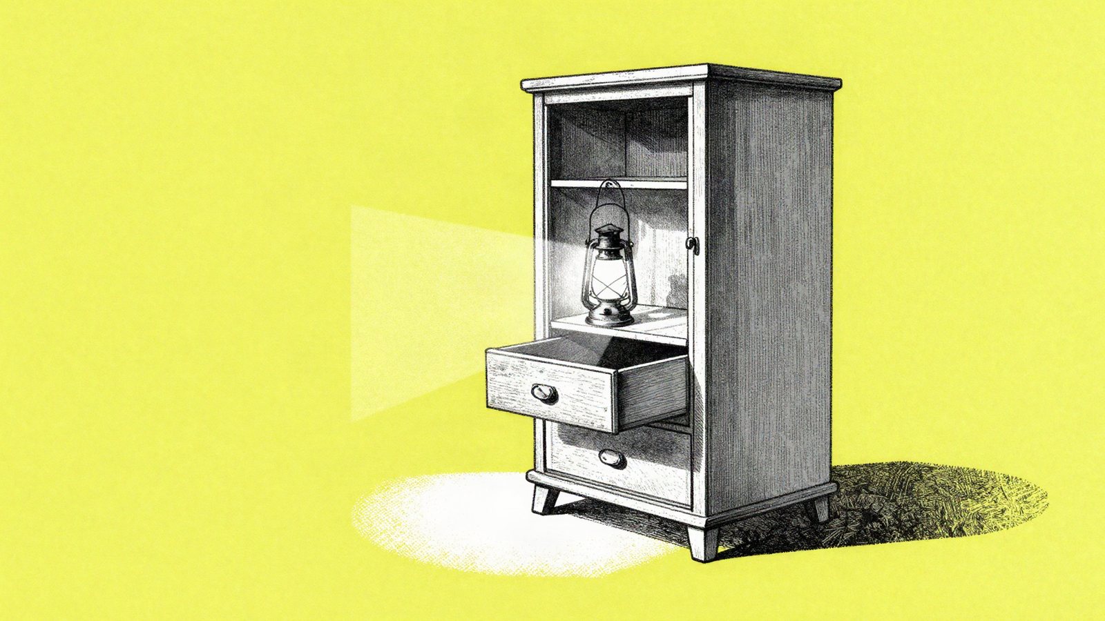 Illustration of a wooden card-catalogue cabinet with one drawer open, lit by a lantern standing inside it