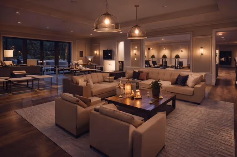 Clubhouse lounge interior with sofas and warm evening lighting